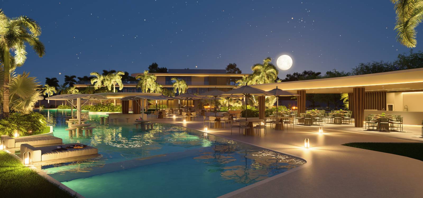 Parque aquatico do L'essence iluminado a noite, com deck e bar molhado